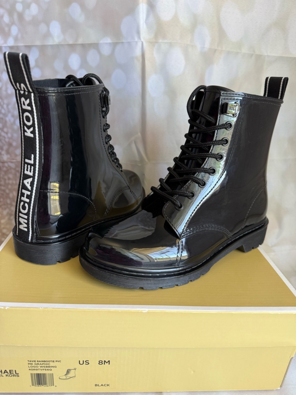 Michael Kors Black Patent Lace-Up Ankle Boots Rain Boots